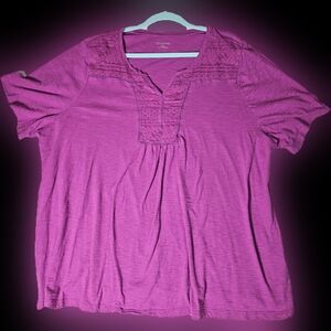Catherine's Pink Magenta Shortsleeve, T-Shirt, Embroidery Scoop V-neck 2X